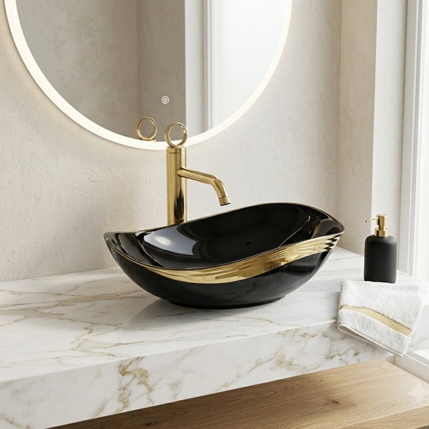 Parlak Siyah & Altın Tezgah Üstü Lavabo EY-4830AS  - 1