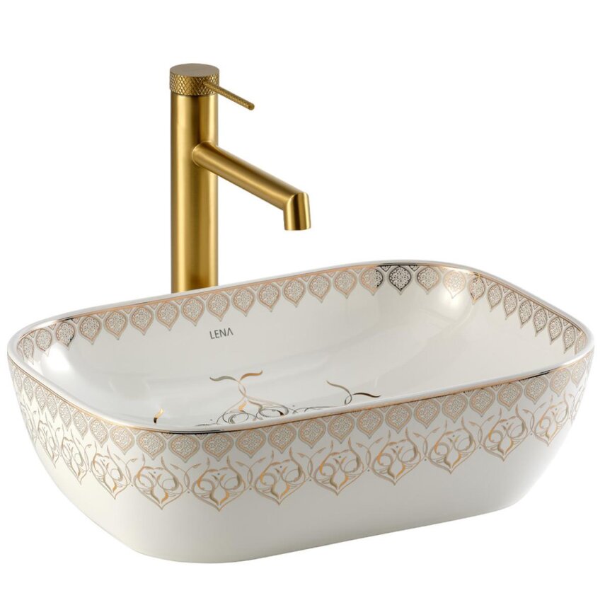  Tezgah Üstü Lavabo Beyaz & Altın EY-7033 - 1