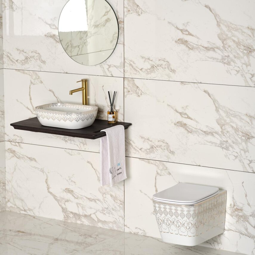  Tezgah Üstü Lavabo Beyaz & Altın EY-7033 - 2