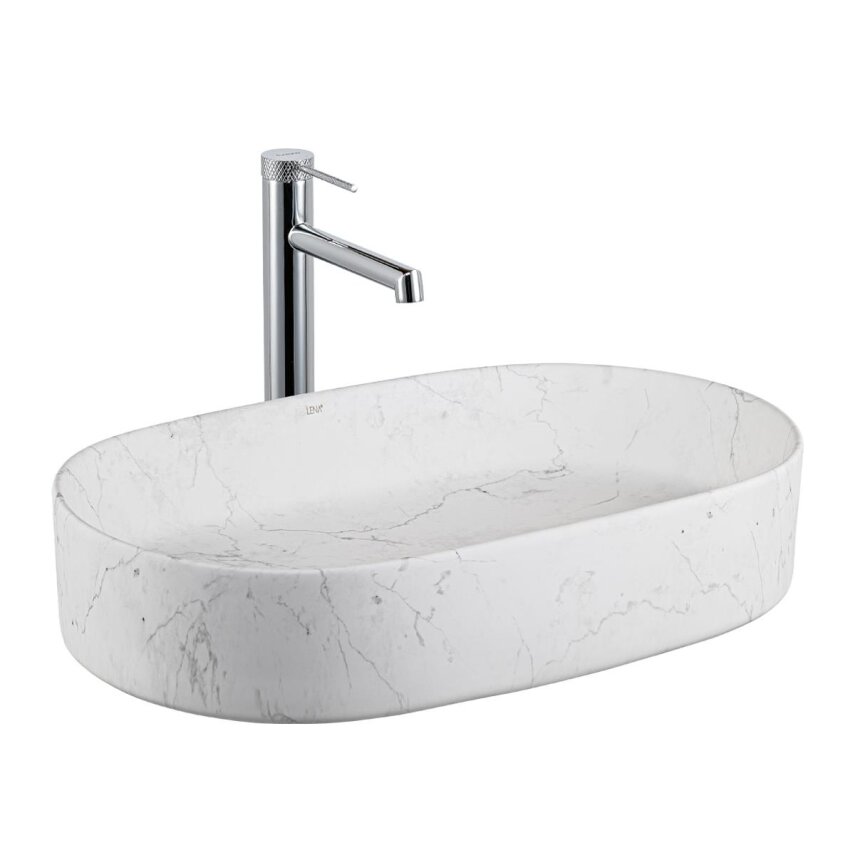 Tezgah Üstü Lavabo Mat Beyaz Mermer Desenli E-W1202M8  - 1