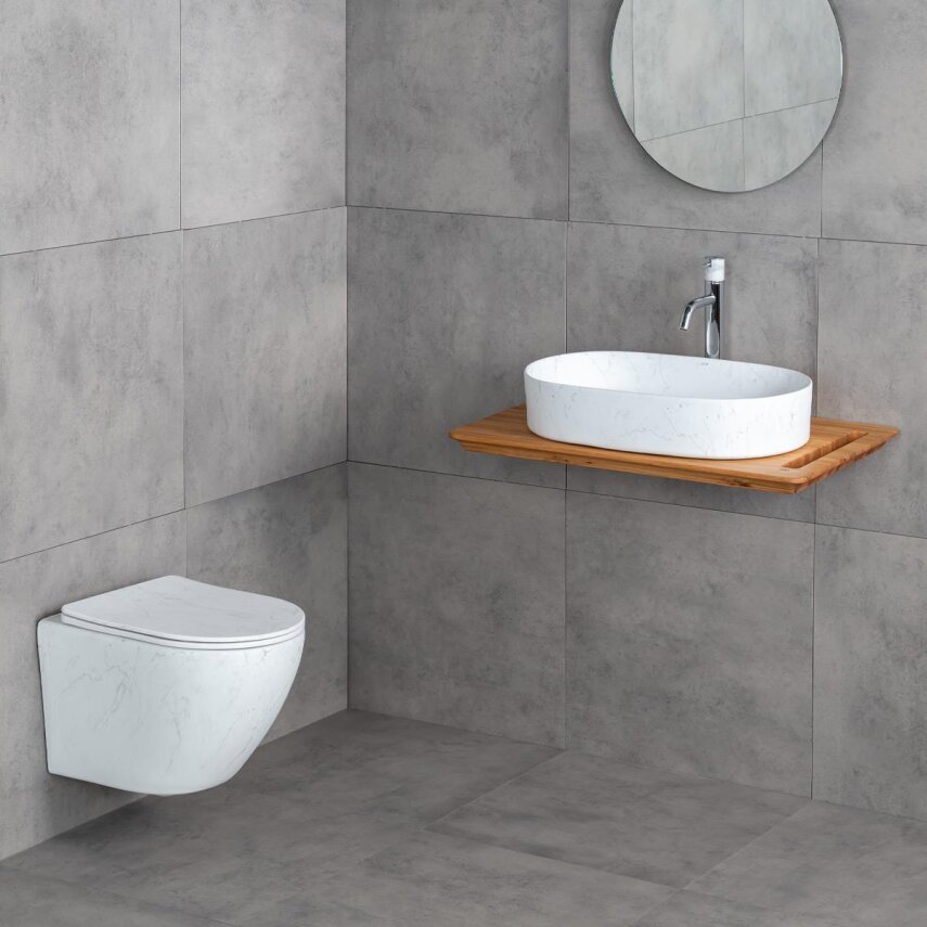 Tezgah Üstü Lavabo Mat Beyaz Mermer Desenli E-W1202M8  - 4